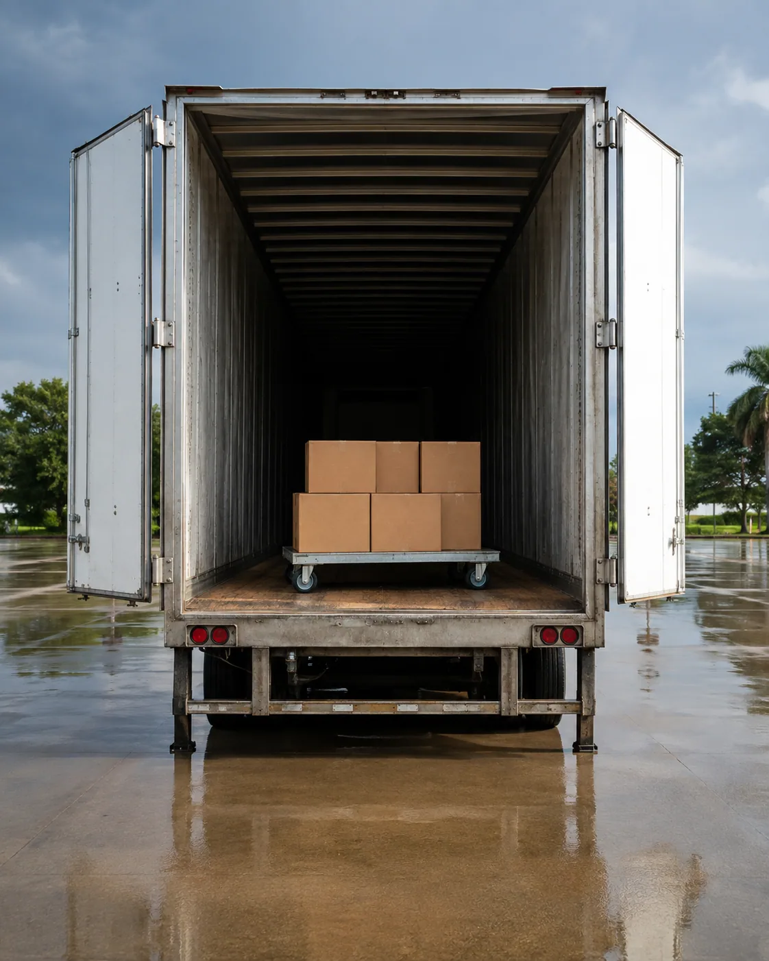 Illustrative open dry-van trailer with blank cartons on a low wheeled platform.